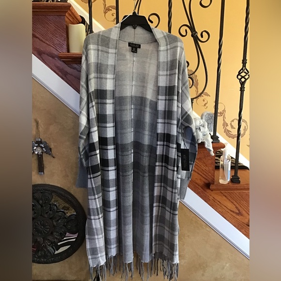 Rachel Zoe Black And Grey Plaid Long Sleeve Duster/Jacket With Fringe Size S - Picture 1 of 11